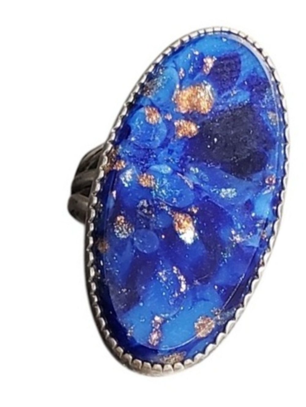 Sterling Silver Lapis Lazuli Blue Gold Fleck Oval Statement Ring Size 5